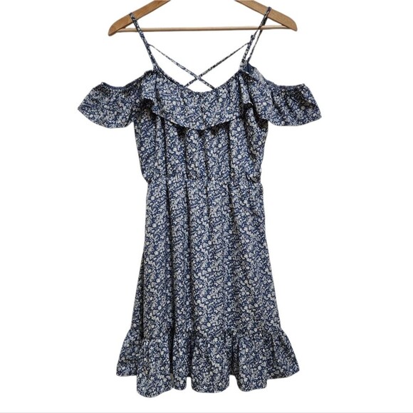 Julianas Dress M Blue Floral Ruffle Cold Shoulder Strappy Babydoll Y2K Fairycore - Picture 3 of 12